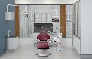 Dental operatory with A-dec 500 dental chair in Vintage upholstery