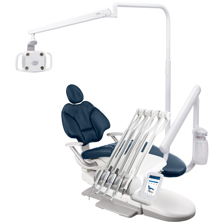 A-dec 300 Pro delivery system radius mounted on an A-dec 400 dental chair with dark teal upholstery