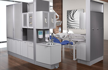 Dental operatory with A-dec 500 dental chair in Sky Blue upholstery