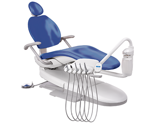 A-dec 300 dental chair with dark blue formed upholstery and an A-dec 300 delivery system